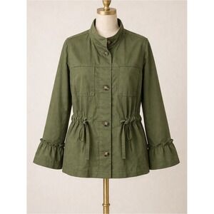 J JILL Utility Anorak Jacket M Ruffle Cuff Drawstring Spring Boho Army Green
